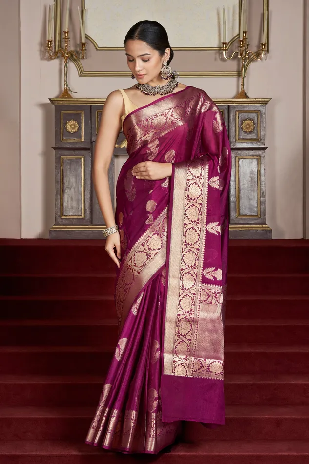 Teejh Teejh Nurvi Magenta Banarasi Semi Chiffon Warm Silk Saree Necklaces