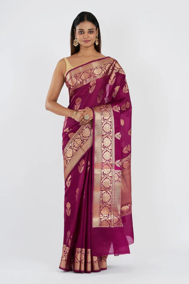 Teejh Teejh Nurvi Magenta Banarasi Semi Chiffon Warm Silk Saree Necklaces