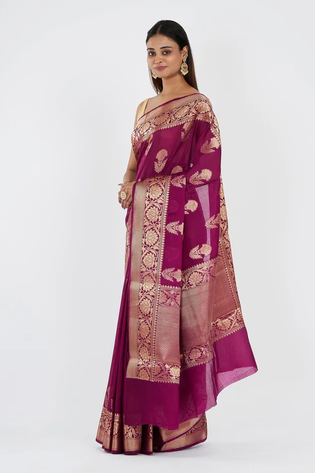 Teejh Teejh Nurvi Magenta Banarasi Semi Chiffon Warm Silk Saree Necklaces