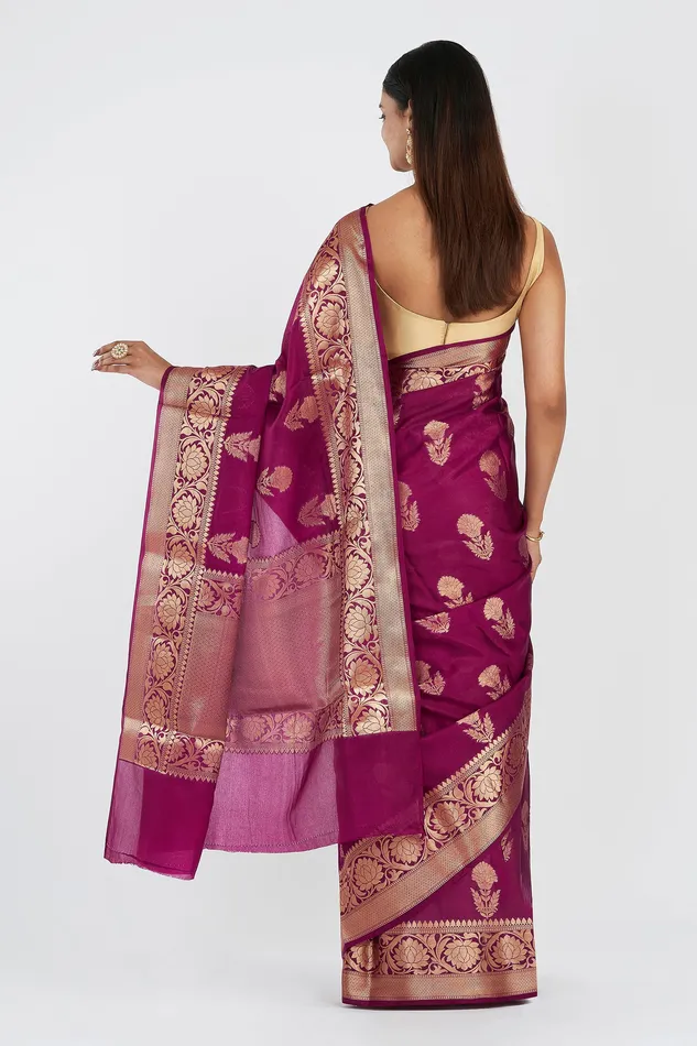 Teejh Teejh Nurvi Magenta Banarasi Semi Chiffon Warm Silk Saree Necklaces