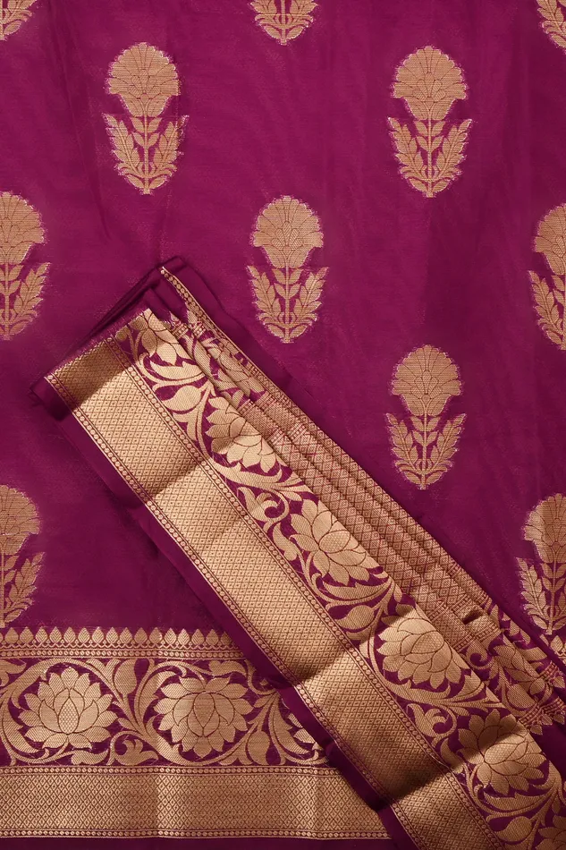 Teejh Teejh Nurvi Magenta Banarasi Semi Chiffon Warm Silk Saree Necklaces