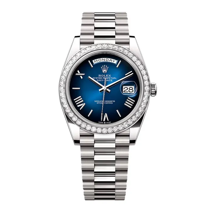 Rolex Bracelets 2024 Release Rolex DayDate 40 mm 18k white gold President bracelet Blue ombr dial Diamond bezel Mens Watch 228349RBR Rolex Bracelets 2024 Release Rolex DayDate 40 mm 18k white gold President bracelet Blue ombr dial Diamond bezel Mens Watch 228349RBR