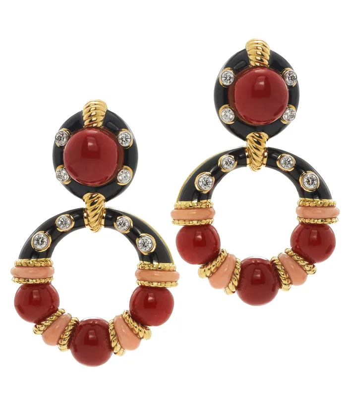 David Webb Earrings Stud Hoop Earrings Coral Beads with Black Enamel