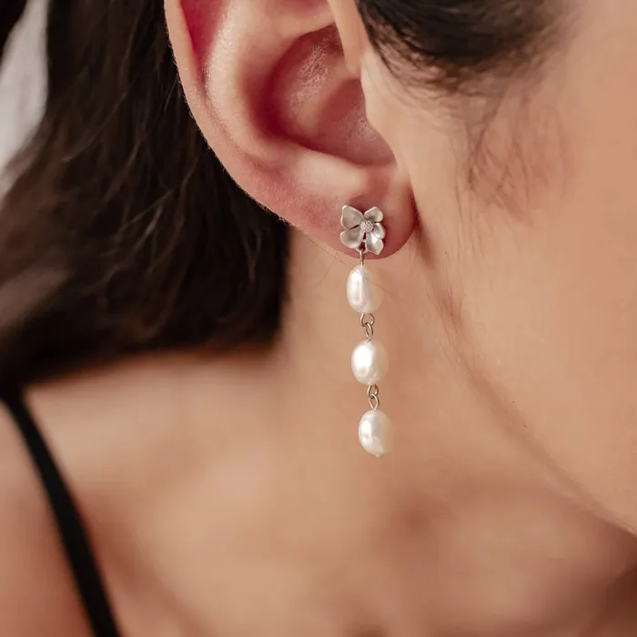 Hey Happiness Earrings Flower and Pearl Drop Earrings Sterling Silver Hey Happiness Earrings Flower and Pearl Drop Earrings Sterling Silver