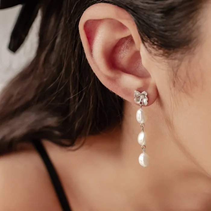 Hey Happiness Earrings Flower and Pearl Drop Earrings Sterling Silver Hey Happiness Earrings Flower and Pearl Drop Earrings Sterling Silver