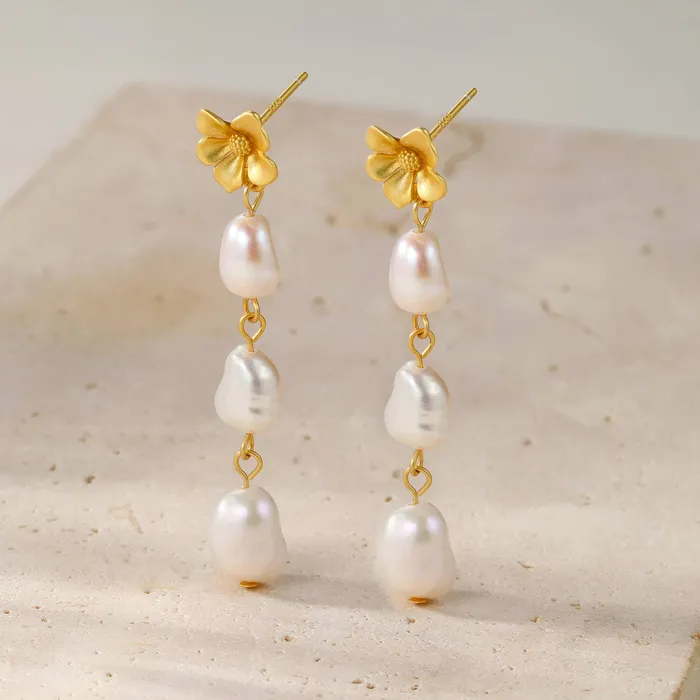 Hey Happiness Earrings Flower and Pearl Drop Earrings Sterling Silver Hey Happiness Earrings Flower and Pearl Drop Earrings Sterling Silver