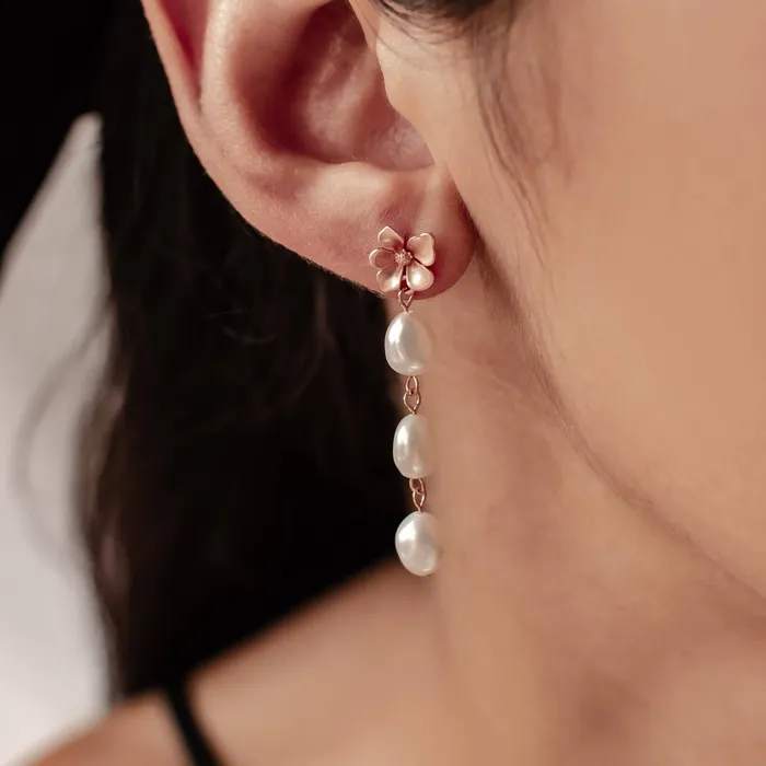 Hey Happiness Earrings Flower and Pearl Drop Earrings Sterling Silver Hey Happiness Earrings Flower and Pearl Drop Earrings Sterling Silver