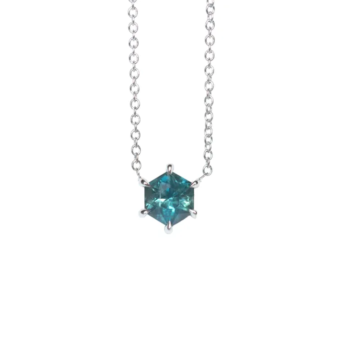 Discovery Gems Necklaces 532mm Icy Blue Hexagon Sapphire Dainty Prong Set Necklace in 14k White Gold Discovery Gems Necklaces 532mm Icy Blue Hexagon Sapphire Dainty Prong Set Necklace in 14k White Gold