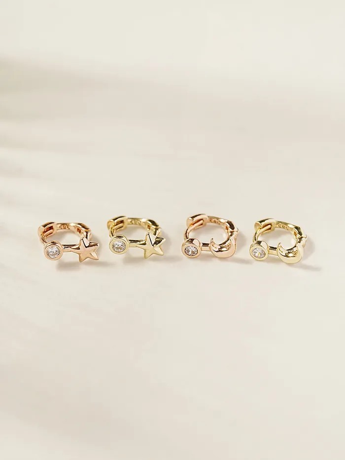 MinimalBijoux Earrings 14K 18K Symbol Star Crescent Heart and Clover Cartilage Hoop Earring