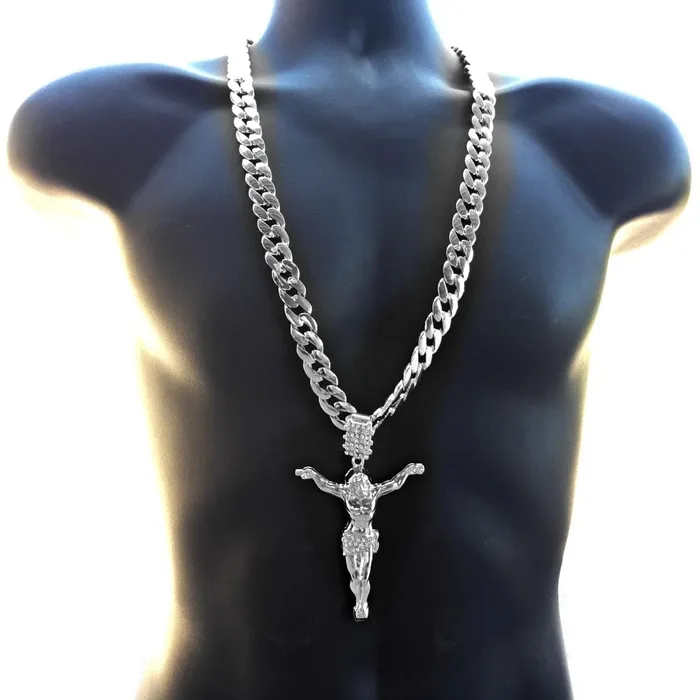 Bling Cartel Admin Necklaces Silver Tone 35 Jesus Body Pendant Cuban Chain Necklace 33