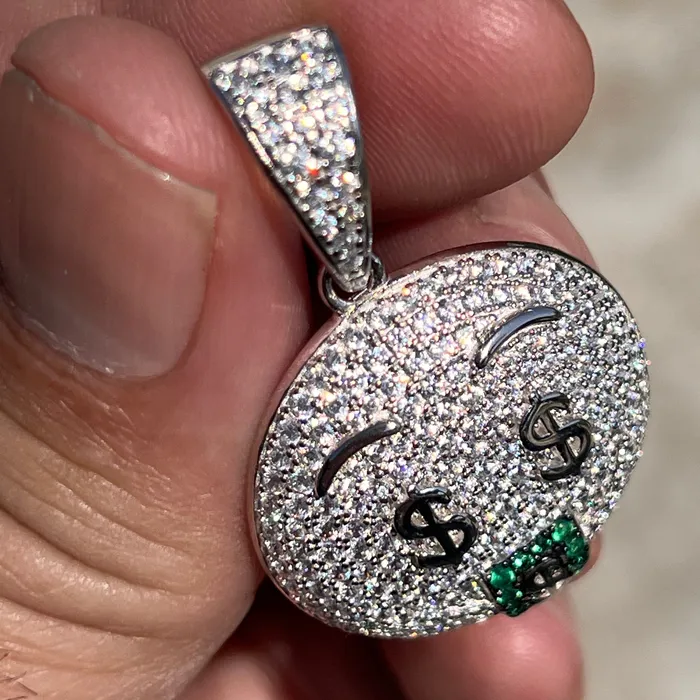 Bling Cartel Necklaces 925 Sterling Silver Money Mouth Face Emoji CZ Iced Pendant Bling Cartel Necklaces 925 Sterling Silver Money Mouth Face Emoji CZ Iced Pendant