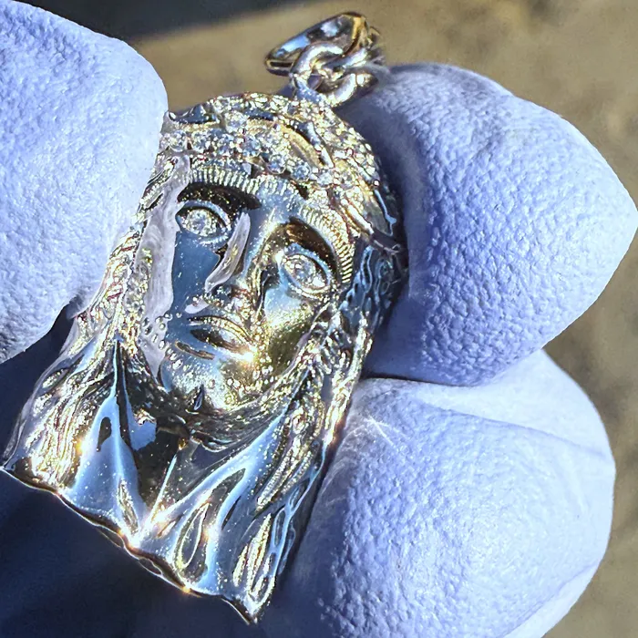Bling Cartel Necklaces Solid 925 Sterling Silver Jesus Head Italy Pendant CZ Crown Small 1