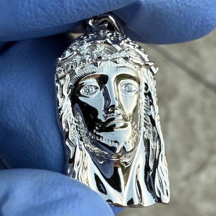 Bling Cartel Necklaces Solid 925 Sterling Silver Jesus Head Italy Pendant CZ Crown Small 1