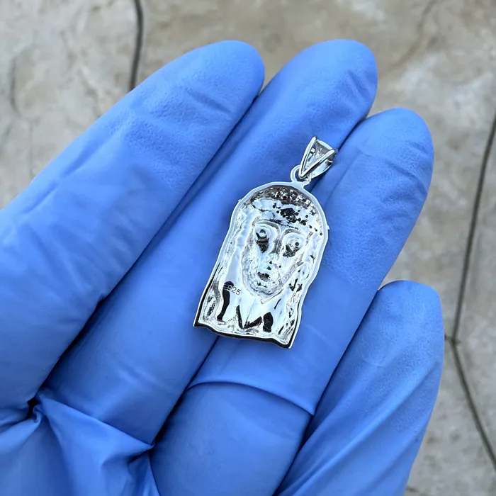 Bling Cartel Necklaces Solid 925 Sterling Silver Jesus Head Italy Pendant CZ Crown Small 1