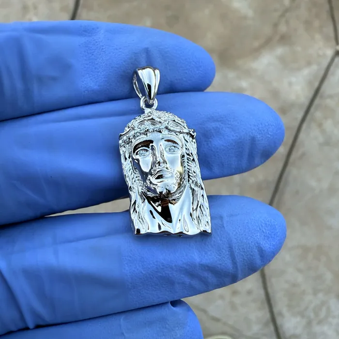 Bling Cartel Necklaces Solid 925 Sterling Silver Jesus Head Italy Pendant CZ Crown Small 1