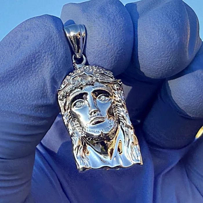 Bling Cartel Necklaces Solid 925 Sterling Silver Jesus Head Italy Pendant CZ Crown Small 1