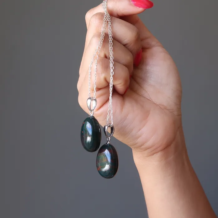 Bloodstone Necklace Sterling Silver Genuine Green Red Gemstone Charm Satin Crystals Necklaces Bloodstone Necklace Sterling Silver Genuine Green Red Gemstone Charm Satin Crystals Necklaces