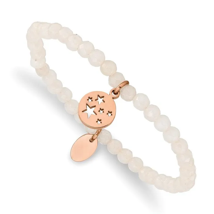 Bracelets Chisel Stainless Steel Polished Rose IP Stars White Jade Beaded Stretch Bracelet Bracelets Chisel Stainless Steel Polished Rose IP Stars White Jade Beaded Stretch Bracelet