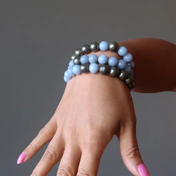Bracelets Satin Crystals Angelite Bracelet Gold Pyrite Blue Angel Abundance