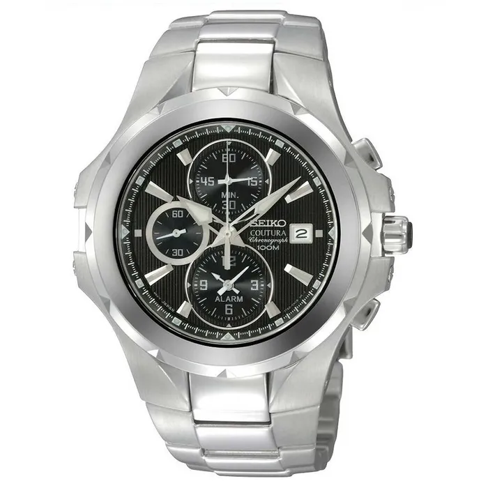 Bracelets Seiko Seiko SNAD53 Mens Coutura Chronograph Alarm Black Dial Steel Bracelet Watch Bracelets Seiko Seiko SNAD53 Mens Coutura Chronograph Alarm Black Dial Steel Bracelet Watch