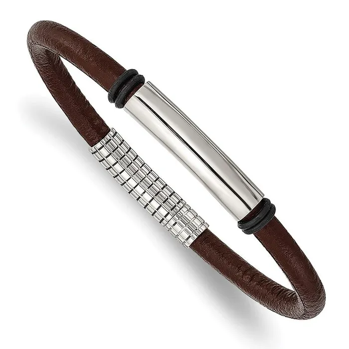 Chisel Bracelets Stainless Steel Polished Black and Brown Rubber 85in Bracelet Chisel Bracelets Stainless Steel Polished Black and Brown Rubber 85in Bracelet