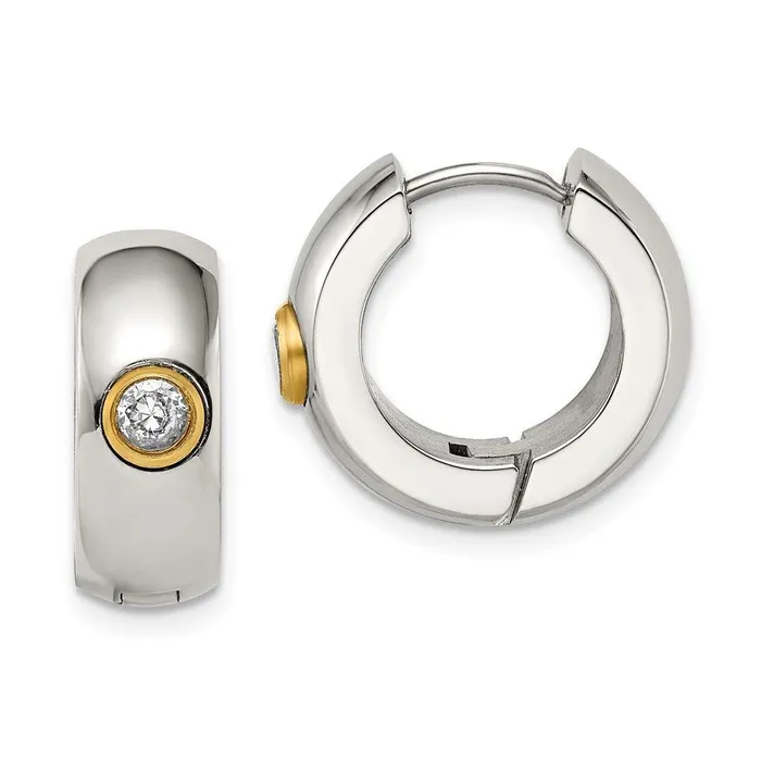 Chisel Earrings Stainless Steel CZ Yellow IPplated Hinged Hoop Earrings
