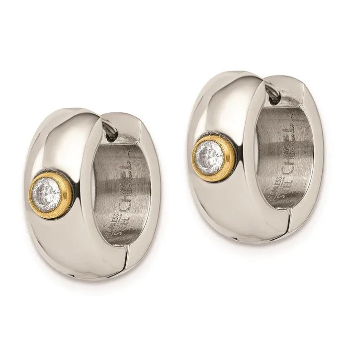 Chisel Earrings Stainless Steel CZ Yellow IPplated Hinged Hoop Earrings Chisel Earrings Stainless Steel CZ Yellow IPplated Hinged Hoop Earrings