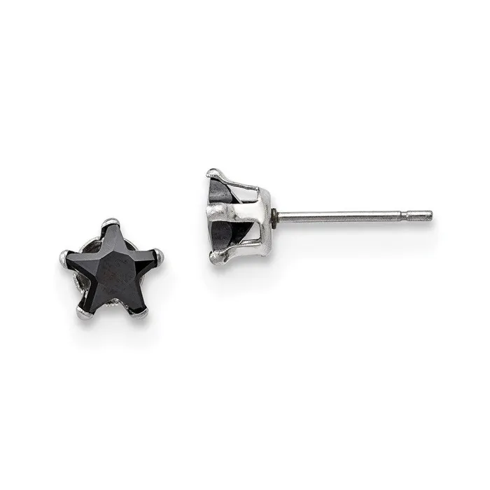Chisel Earrings Stainless Steel Polished 6mm Black Star CZ Stud Post Earrings