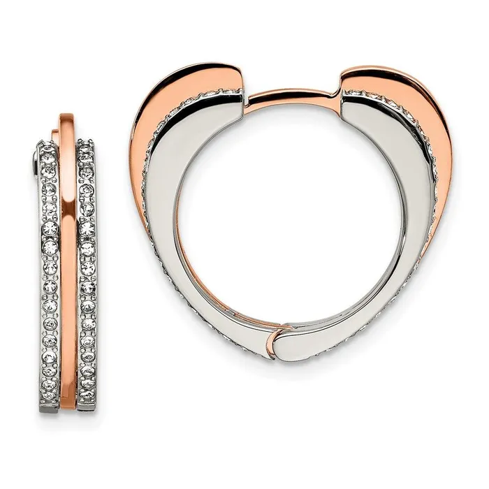 Chisel Earrings Stainless Steel Polished Rose IP with Swarovski Heart Hinged Hoop Earrings