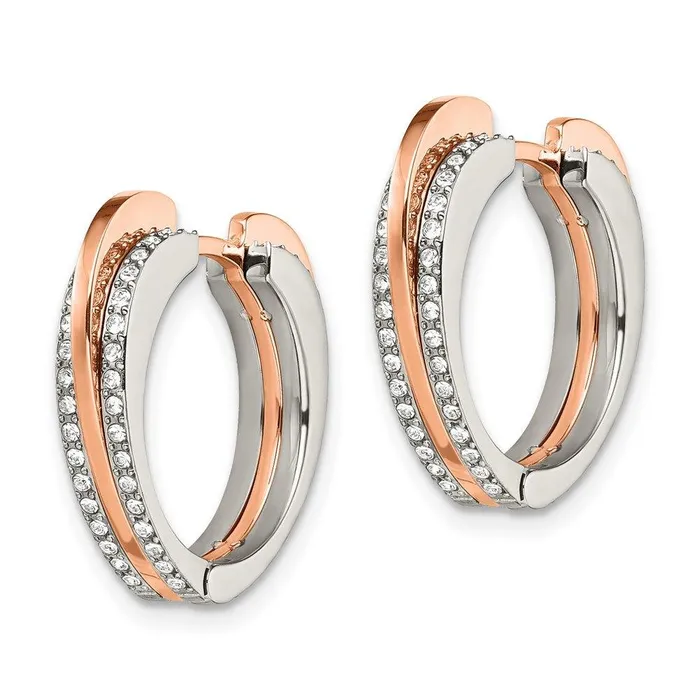 Chisel Earrings Stainless Steel Polished Rose IP with Swarovski Heart Hinged Hoop Earrings Chisel Earrings Stainless Steel Polished Rose IP with Swarovski Heart Hinged Hoop Earrings