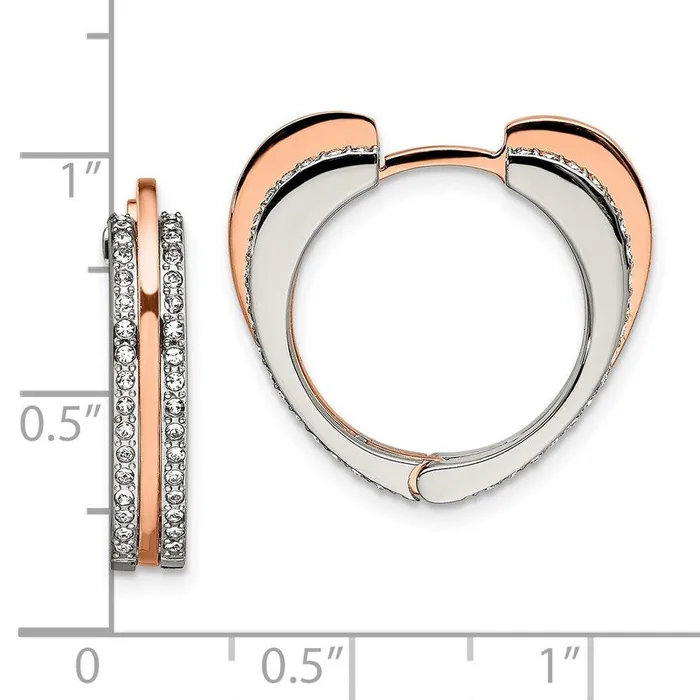 Chisel Earrings Stainless Steel Polished Rose IP with Swarovski Heart Hinged Hoop Earrings Chisel Earrings Stainless Steel Polished Rose IP with Swarovski Heart Hinged Hoop Earrings