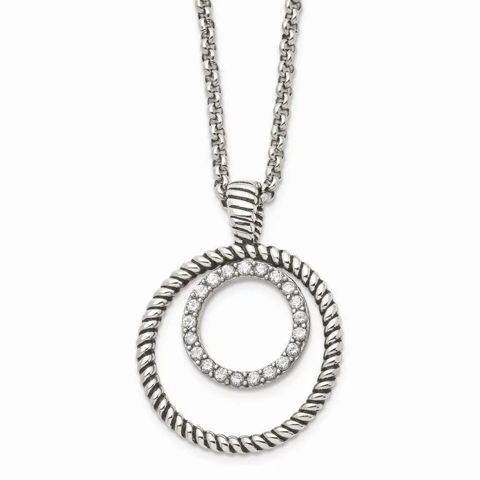 Chisel Necklaces Stainless Steel Polished and Antiqued CZ Circle Necklace