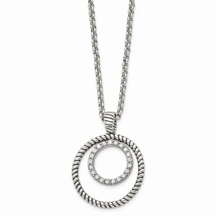 Chisel Necklaces Stainless Steel Polished and Antiqued CZ Circle Necklace Chisel Necklaces Stainless Steel Polished and Antiqued CZ Circle Necklace