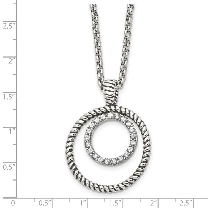 Chisel Necklaces Stainless Steel Polished and Antiqued CZ Circle Necklace Chisel Necklaces Stainless Steel Polished and Antiqued CZ Circle Necklace