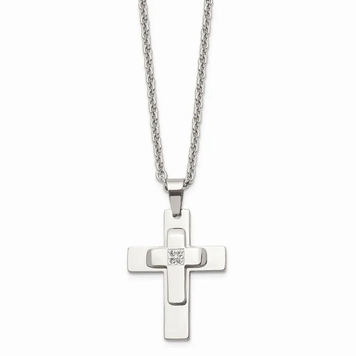 Chisel Necklaces Stainless Steel Polished CZ Cross Necklace