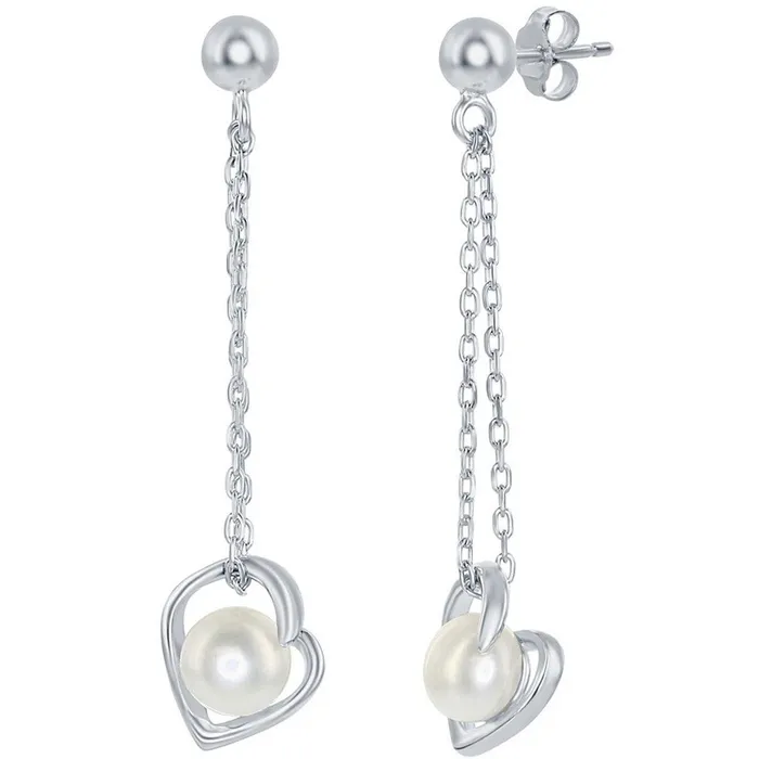 Classic Earrings Classic Womens Earrings Sterling Silver 6mm White FWP Heart with Chain D7833