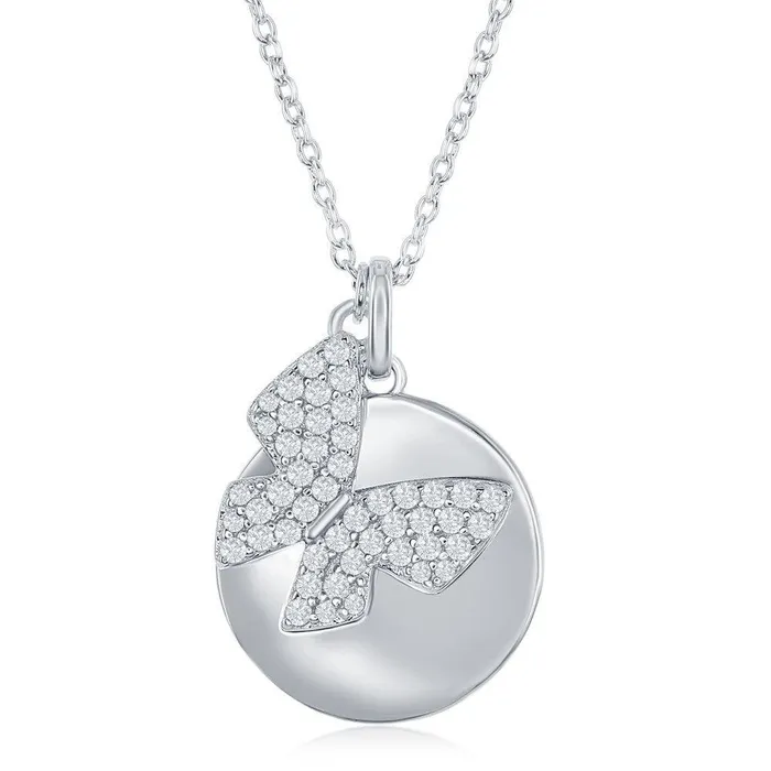 Classic Necklaces Sterling Silver Shiny Disc with Micro Pave Butterfly Necklace