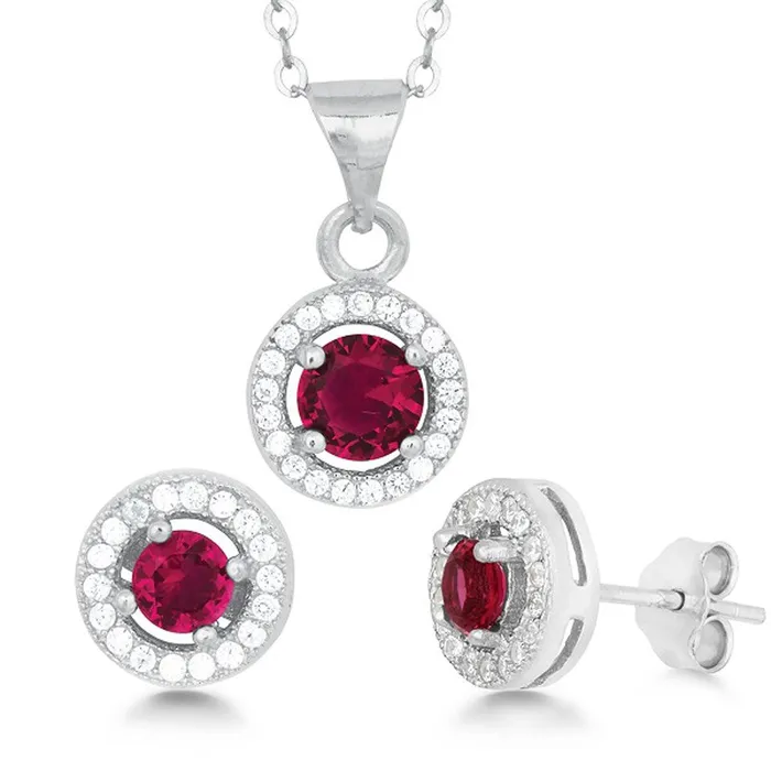 Classic Womens Pendant and Earrings Set Sterling Silver Red CZ with Chain SET429 Classic Earrings