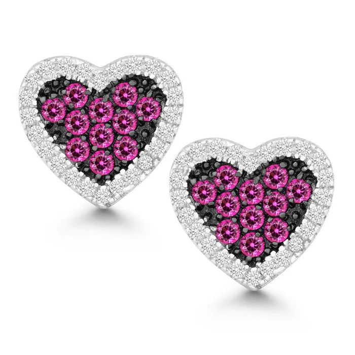 Earrings Classic Sterling Silver Clear and Pink CZ Heart Earrings