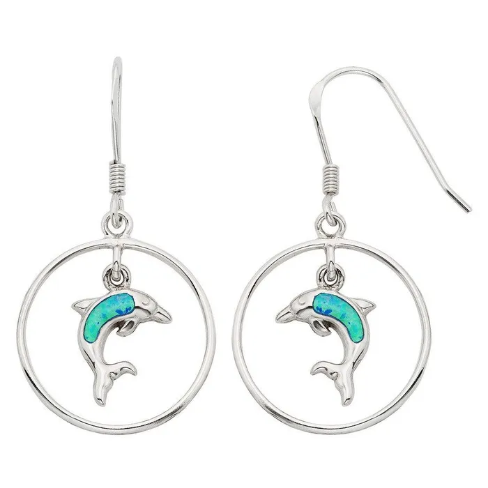 Earrings Classic Sterling Silver Dangling Opal Dolphin Earrings