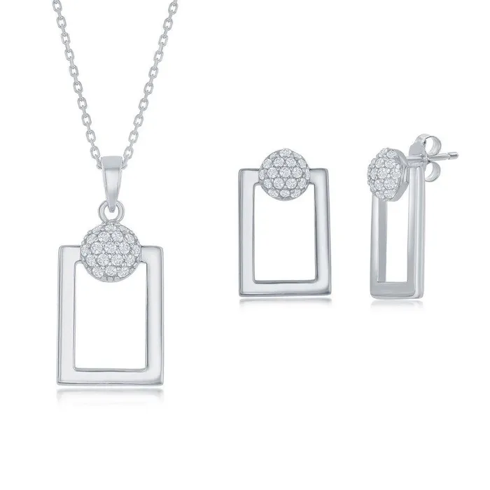 Earrings Classic Sterling Silver Round Micro Pave CZ Open Rectangle Pendant Earrings Set With Chain