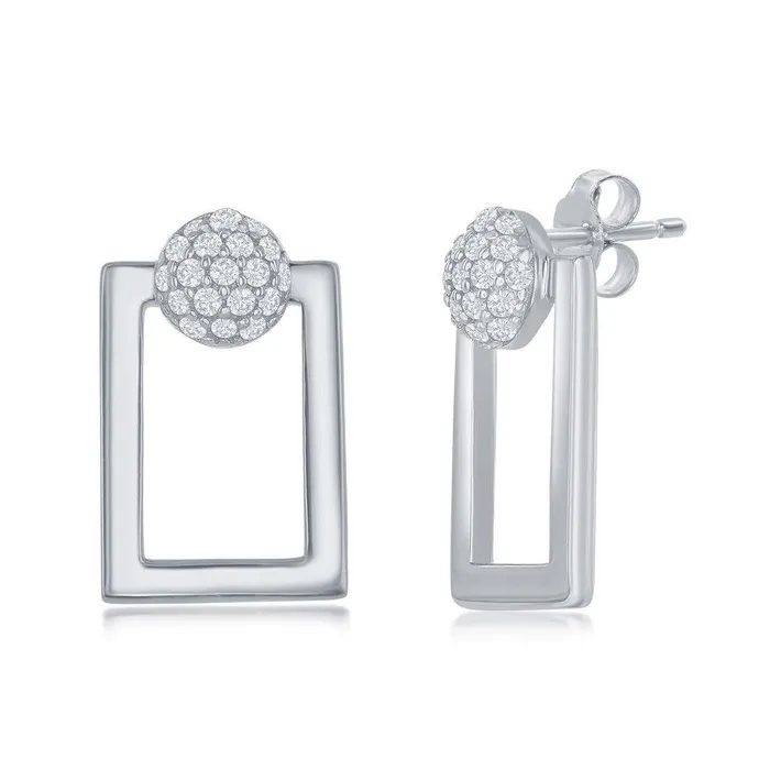 Earrings Classic Sterling Silver Round Micro Pave CZ Open Rectangle Pendant Earrings Set With Chain Earrings Classic Sterling Silver Round Micro Pave CZ Open Rectangle Pendant Earrings Set With Chain
