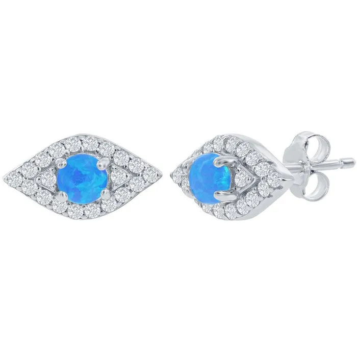Earrings Classic Womens Earrings Sterling Silver Blue Opal and CZ Evil Eye Stud D8348