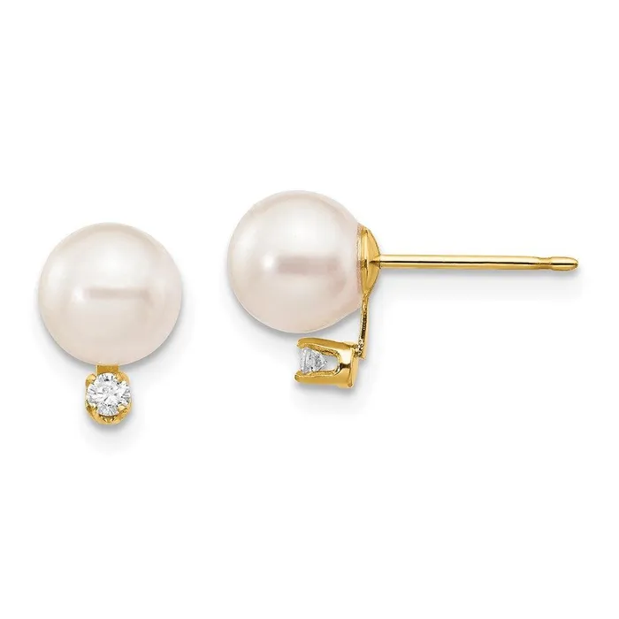 Earrings Jewelry 14k 67mm White Round Saltwater Akoya Cultured Pearl Diamond Post Earrings