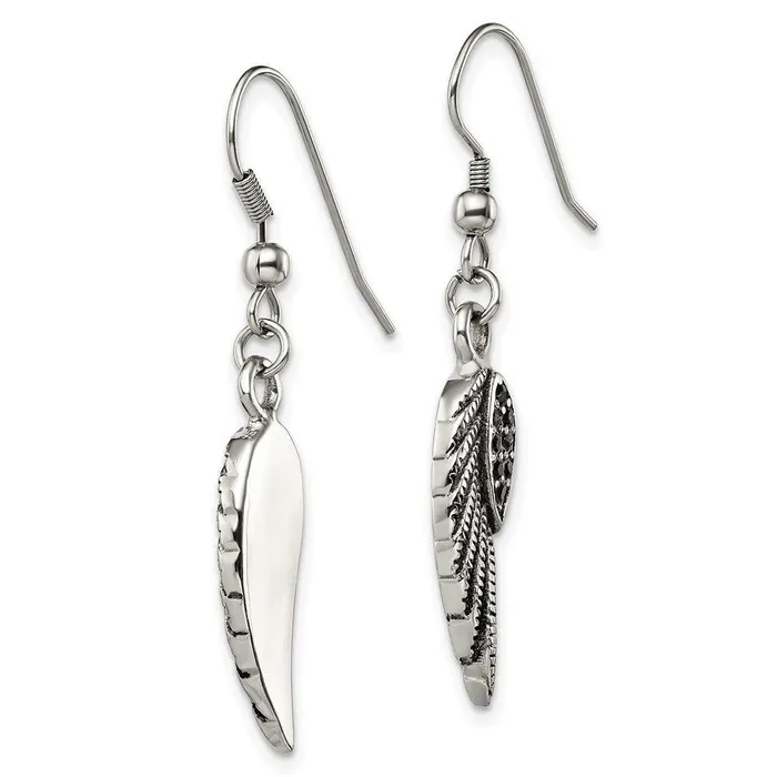Earrings Stainless Steel Antiqued Polished wBlack Crystal Wings Dangle Earrings Chisel