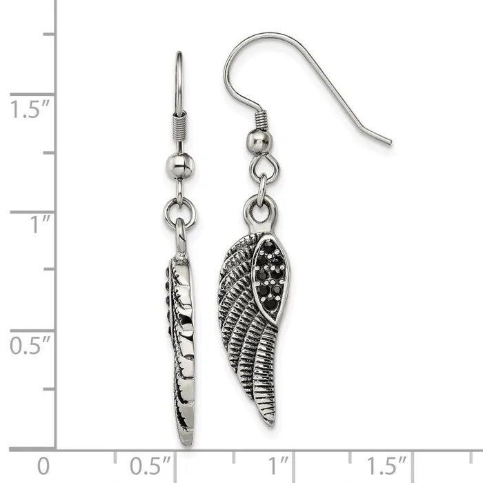 Earrings Stainless Steel Antiqued Polished wBlack Crystal Wings Dangle Earrings Chisel