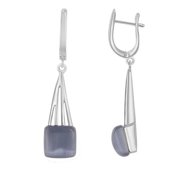 Earrings Sterling Silver Long Dark Blue and Grey Cats Eye Earrings Classic