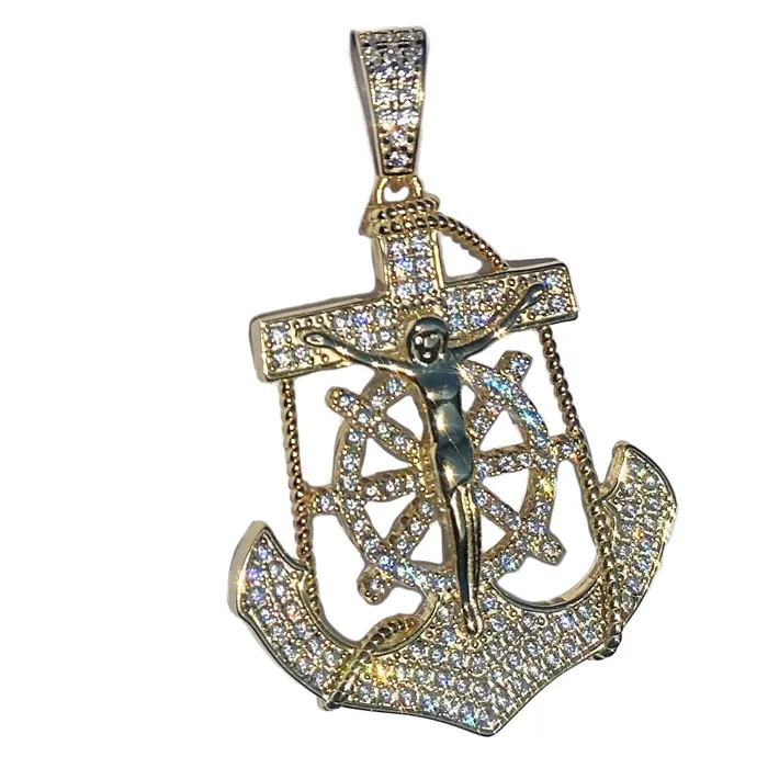 Harlem Bling Necklaces 14K Gold Plated over 925 Silver Jesus Anchor Cross CZ Pendant