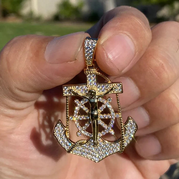 Harlem Bling Necklaces 14K Gold Plated over 925 Silver Jesus Anchor Cross CZ Pendant Harlem Bling Necklaces 14K Gold Plated over 925 Silver Jesus Anchor Cross CZ Pendant