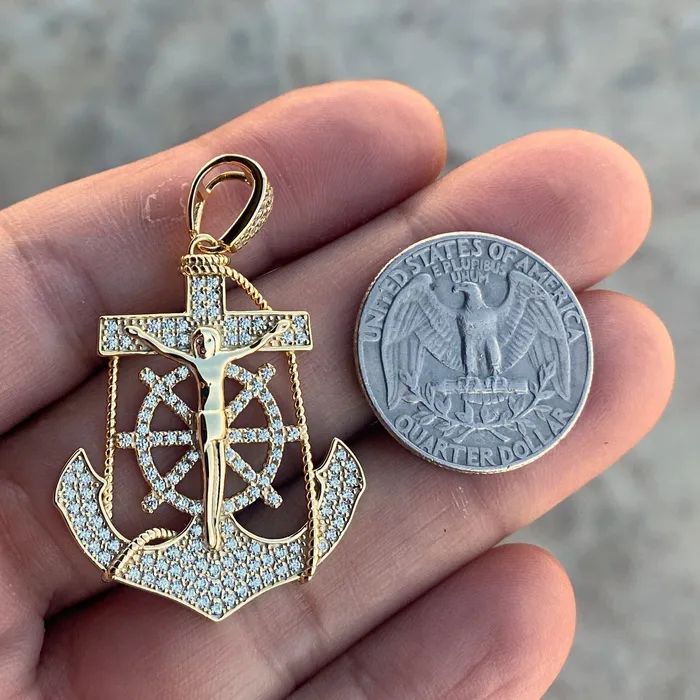 Harlem Bling Necklaces 14K Gold Plated over 925 Silver Jesus Anchor Cross CZ Pendant Harlem Bling Necklaces 14K Gold Plated over 925 Silver Jesus Anchor Cross CZ Pendant